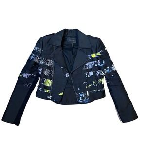 Authentic Designer BCBG MAX AZRIA Tess Stripe Floral Moto Jacket Women Black Zip